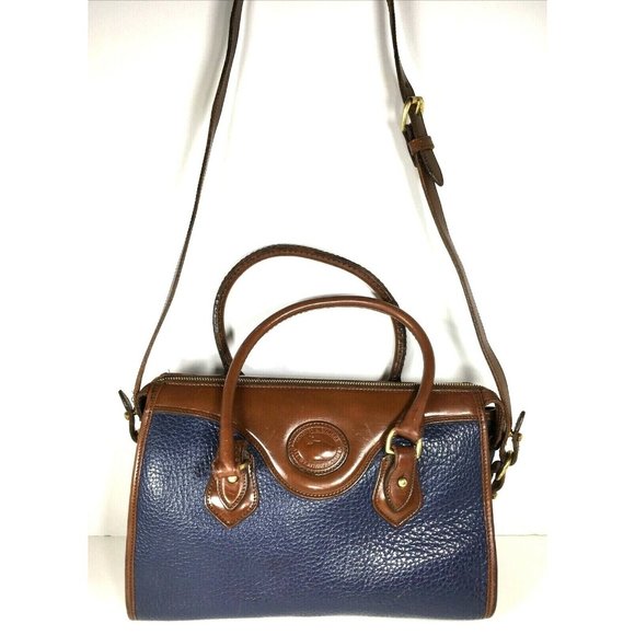 Dooney & Bourke Vtg Blue Leather Brown Trim Satchel Shoulder Bag – Made In USA - Picture 1 of 12